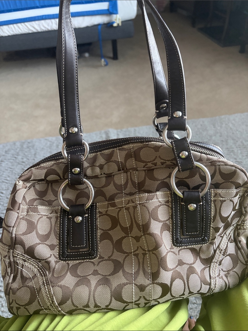 Coach Brown Signature Canvas Shoulder Bag with Dark Brown Leather Trim